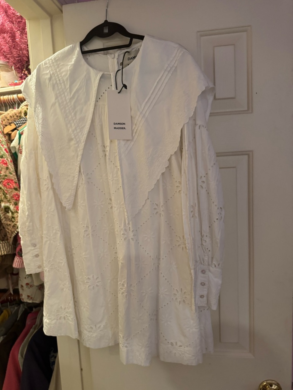 DAMSON MADDER White Eyelet Mini Dress with Statement Collar